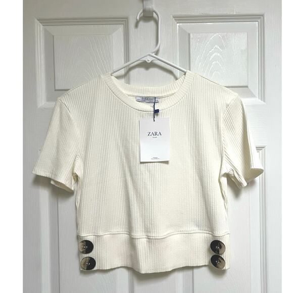 Zara Ribbed Cropped Short Sleeve Fitted T Shirt with Buttons - Picture 1 of 9